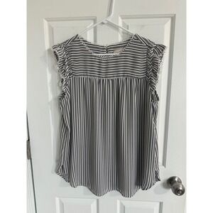 LOFT Striped Ruffle Sleeve Top Womens Size Large Black White Lace Trim